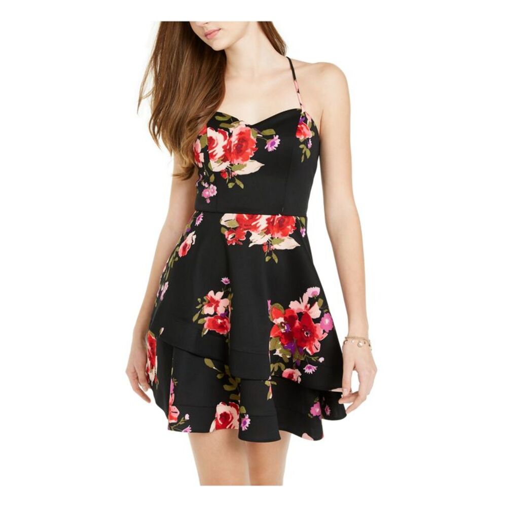 SEQUIN HEARTS Womens Fit + Flare Short Dress Black Spaghetti Strap Juniors 9